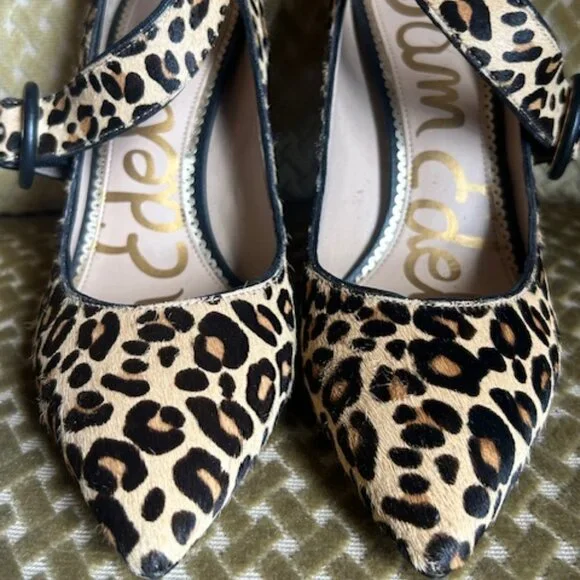 Sam Edelman Nude Leopard Print Cow Fur Hinda Jewel Buckle Strap Pumps NEW - Picture 15 of 16